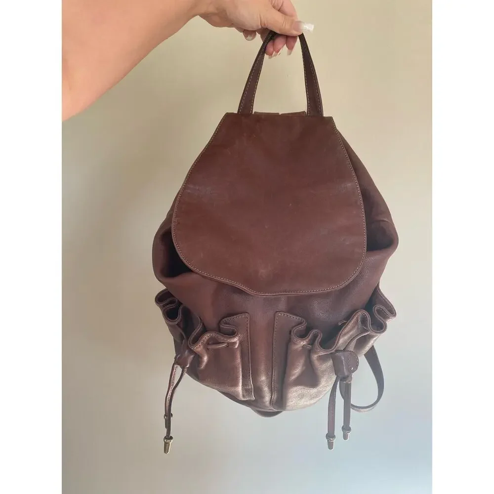Francesco Biasia brown leather backpack bucket style pockets unisex
